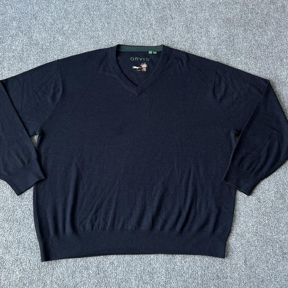 Orvis Sweater Mens 2XL Navy Blue‎ Merino Wool V Neck Pullover Fishing Fly Logo